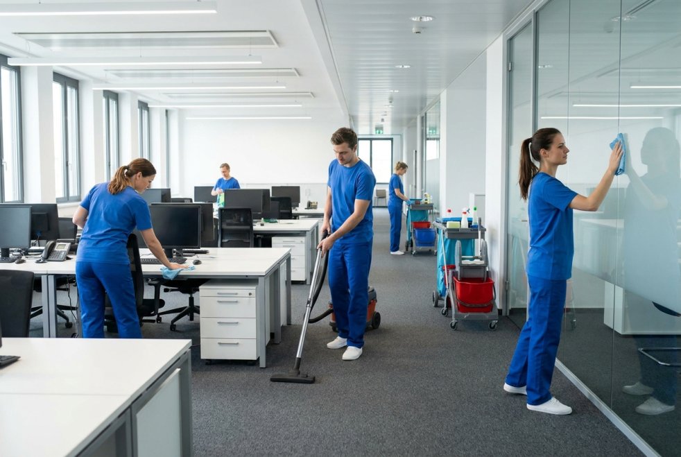 Commercial cleaning team vacuuming and wiping desks in a modern office