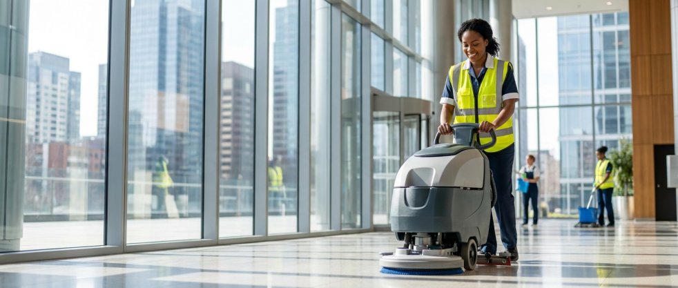 African American cleaner using a floor scrubber in a modern commercial building lobby