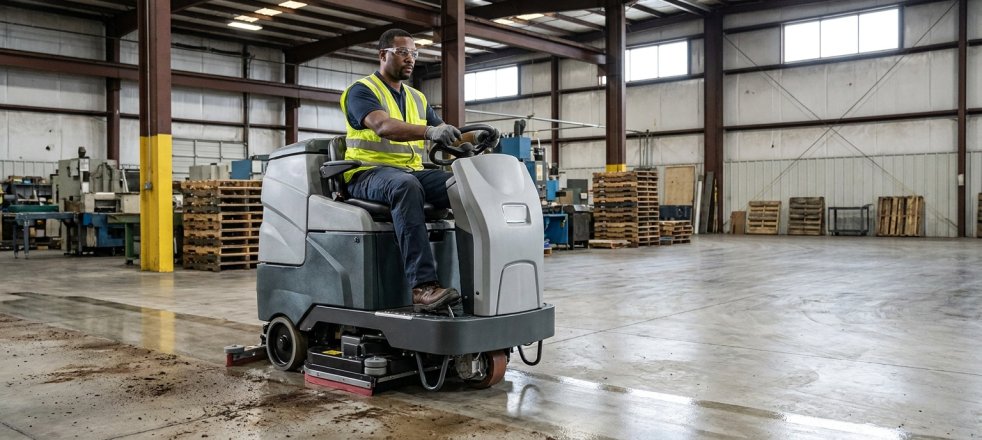 African American man cleaning an industrial warehouse floor with a ride-on floor scrubber